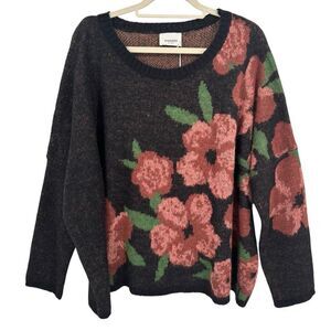 Andree By Unit Floral Wool Blend Knit Sweater Black Pink Flowers Size Medium NWT